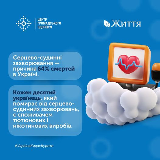 На зображенні може бути: сердечко та текст «центр громадського здоров'я життя серцево-судинни -судинно захворювання 一 причина 64% смертей украïни. кожен десятий украёнець, який помирае вi̇д серцево- судинних захворювань, € споживачем тютюнових нкотинових виробв. #украйнакидаекурити»