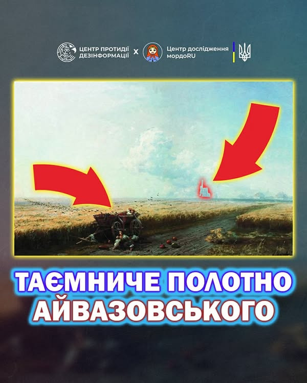 На зображенні може бути: текст «ะผส Центрдослидження Центр дослидження ЦЕНТР ПРОТИДЙ ДЕЗИНФОРМАЦЙ ЦЕНТРПРОТИДИ x мордову ТАЕмниЧе ПОЛОТНО АЙВАЗОвСЬКОГО»